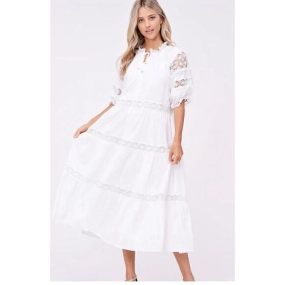 En Saison Women's Tiered Lace Detail Midi Dress White Size Medium 100% Cotton - Picture 3 of 14